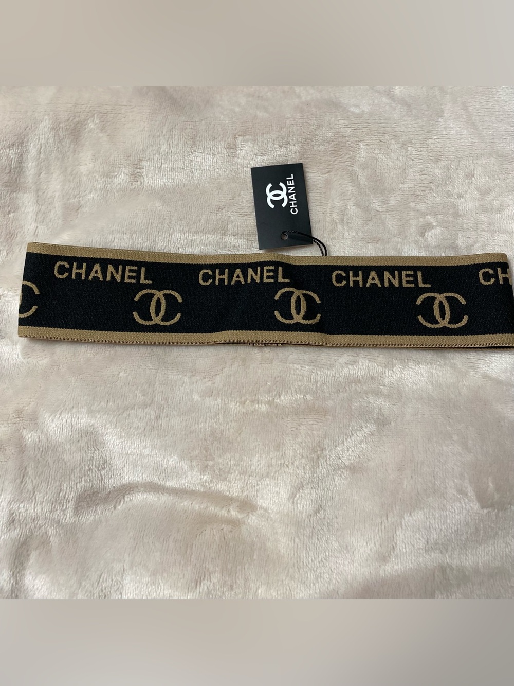 ChaneI Black and Tan Stretch Logo Spellout-Out Headband